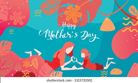 Happy mother's day! Child daughter congratulates mom playing and laughing with hands showing heart shape symbol. Vector flat cartoon design style with living coral color trendy 2019. - vector