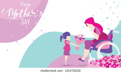 Happy mother's day! Child daughter congratulates disabled mum in wheelchair and gives her flowers tulips. Mum smiling and surprising. Vector illustration flat cartoon design style. - vector