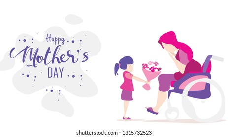 Happy mother's day! Child daughter congratulates disabled mum in wheelchair and gives her flowers tulips. Mum smiling and surprising. Vector illustration flat cartoon design style. - vector