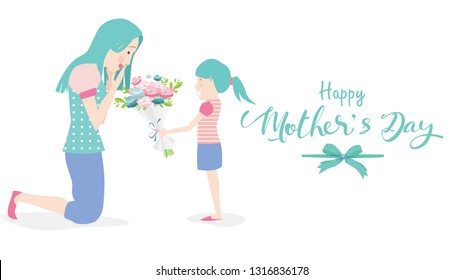 Happy mother's day! Child daughter congratulates mom and gives her flowers tulips. Mum smiling and surprising. Colorful vector illustration flat design style. Flat cartoon style. - vector