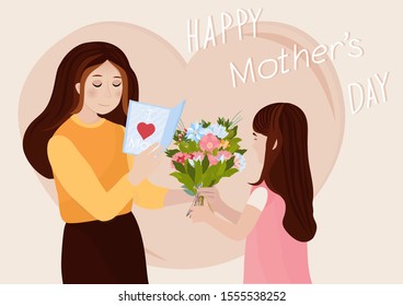 Happy mother's day! Child daughter congratulates moms and gives her a postcard and flowers. Vector illustration.