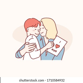 Happy mother's day! Child daughter congratulates mom and gives her postcard. Mum and girl smiling and hugging. Hand drawn style vector design illustrations.