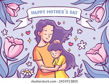 La hija del niño del día de la madre feliz felicita a la madre y da el personaje de la historieta del abrazo para la tarjeta de felicitación, el Anuncio, la Ilustración vectorial de fondo