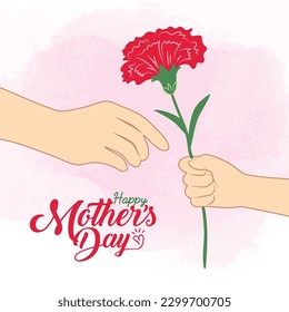 Happy Mother's day. Child hand carnation flower to mother with pink watercolor background. Close-up drawing of children and adult hand. Flat design.