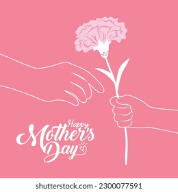 Happy Mother's day  Child hand carnation flower to mother in line art and pink background  Close  up drawing children   adult hand  Flat design 