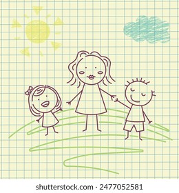 Happy Mother's Day. children's drawing on a piece of notebook paper.  Children and mother walk together on the street. Vector doodle illustration. EPS10
