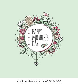 Happy Mother's Day in a Circle with hearts, butterflies and doodles vector illustration on a mint green background.