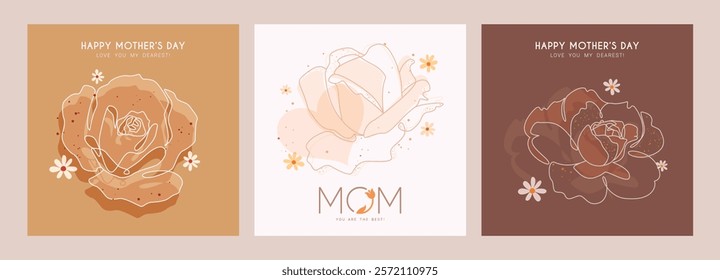 Happy mother's day clipart poster set design. Beautiful rose clip art for happy mom with elegant pastel color drawing outline floral collection wallpaper background. Vector illustration mother's day 