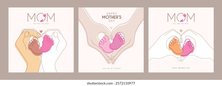 Happy mother's day clipart poster set design. Mom holding baby feet with heart shape hands clip art in hand drawn outline symbol collection in white background. Vector illustration mother's day 