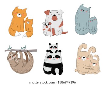 Happy Mother's Day collection. Vector cartoon doodle illustration. Mom animal with a child. Perfect for postcard, label, brochure, flyer, page, banner design