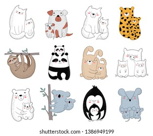 Happy Mother's Day collection. Vector cartoon doodle illustration. Mom animal with a child. Perfect for postcard, label, brochure, flyer, page, banner design