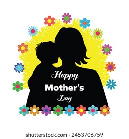 Happy Mother's Day. Color Full Flower Black and Yellow Color Theme Vector graphics illustration or logo concept. EPS editable file. Minimal flat of white background.