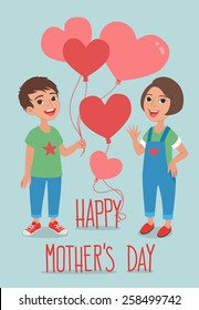 Happy Mother's Day colorful greetings card. Happy boy and girl holding bunch of heart shaped balloons. 