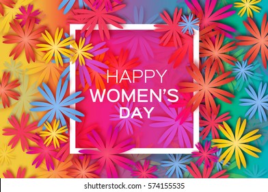 Happy Mother's Day. Colorful Paper cut Floral Greeting card. Origami flower holiday background. Rectangle Frame, space for text. 8 March. Happy Women's Day. Trendy Design Template. Vector illustration