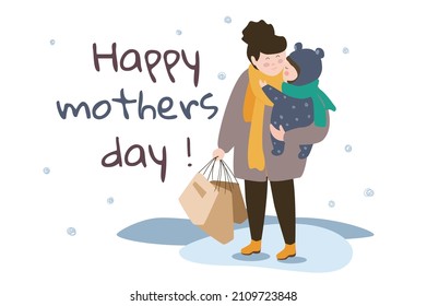 Happy Mothers day concept background. Cute mom holds baby, little child hugs and congratulates on holiday. Family walking in winter park. Greeting card. Vector illustration in flat cartoon design