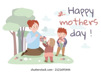 Happy Mothers day concept background. Cute little daughter and son give bouquets of flowers and congratulate mom on holiday at park. Greeting holiday card. Vector illustration in flat cartoon design