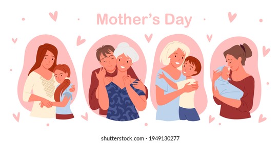 Happy mothers day concept with cute family people love, care and hug vector illustration set. Cartoon child son and daughter hugging mother, motherhood and childhood pink greeting card template.