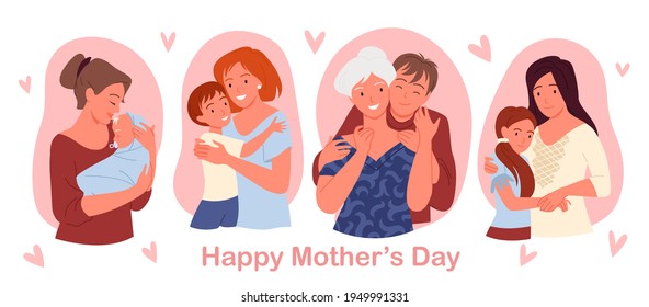 Happy mothers day concept with cute family people love, care and hug greeting card set