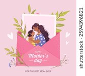 Happy Mother's Day concept. Festive square greeting card or poster. Family photo of mom and daughter in envelope with herbs and hearts. Cute grainy illustration for social media in flat style. Vector