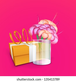 Happy Mothers Day concept with flowers and gift box on pink background.