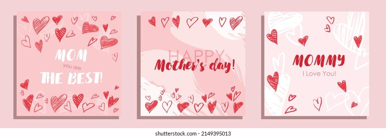 Happy Mother's day concept greeting card set. Vector illustration. Flat red and pink sketch hearts with frame on abstract background. Happy Mother's day typography.