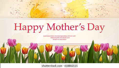 Happy Mothers Day Concept Hand-drawn Motivation Poster With Field Of Tulips On Bright Watercolor Background. Artistic Design Template For Greeting Card, Invitation, Banner.  Vector Illustration.