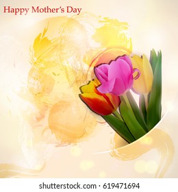 Happy Mothers day concept Hand-drawn bunch of spring flowers on bright watercolor background. Design Template for greeting card, poster, flyer, invitation. Vector illustration. 
