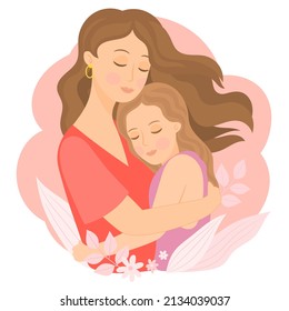 Happy Mother'`s Day concept. Mom holds her daughter in her arms.