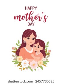 Happy Mother's Day concept. Mom with child in her hands isolated on white background. Cute flat style vector illustration. For web pages, postcards, greeting cards, posters