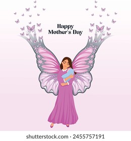 Happy Mother's Day Concept Newborn Baby in Mother's Arms in Long Dress Between Butterflies	
