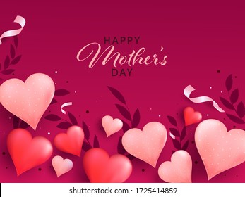 Happy Mother's Day concept with Stylish Text and Heart Shapes on Pink Background.