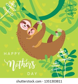 Happy mother's day concept. Vector illustration of
A pair of cute sloths, mom and baby hugging and sleeping.