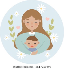 Happy Mother's Day concept. Woman with a smile and closed eyes hugging her child with flower plant and cute heart. Vector illustration flat design.