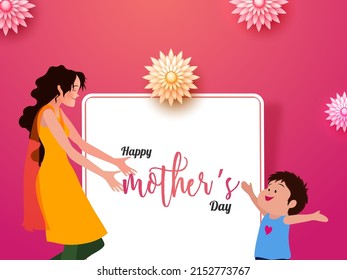 Happy Mother's Day Concept With Young Lady Saying Come Here My Son On White And Gradient Pink Background.