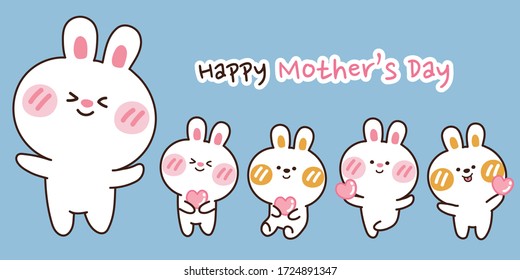 Happy mother's day concept.Rabbit with baby standing on blue background.Cartoon character hand drawn design.Cute animal doodle banner.Kawaii.Vector.Illustration.