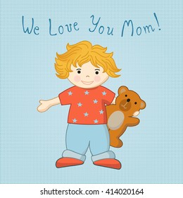 Happy mothers day congratulation with little boy. Hand draw greeting card.