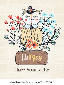 Happy Mother's day. Congratulatory background with cute cat in flowers. Spring holiday. Sketch of animal. Card, postcard, invitation or poster. Vector illustration, eps10