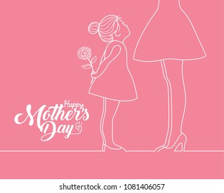 Happy Mother's Day copy space. Little cartoon girl holding carnation and her mother in white line art style isolated on plain pink background. Vector illustration. 