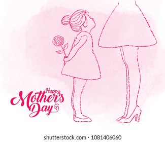 Happy Mother's Day copy space. Hand drawn little girl holding carnation and her mother on pink watercolor background. Vector illustration. 