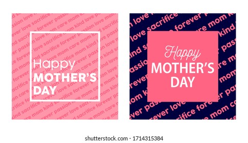 Happy mother's day cover set with bright pink on dark blue. Eps10 Editable Vector Illustration.