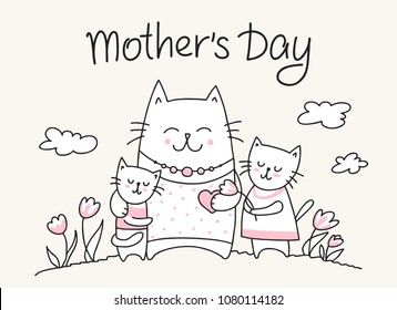 Happy Mothers Day crad with cat mom and little kitties. Flat vector Mother`s Day animal illustration