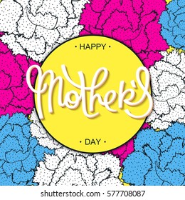 Happy Mother's Day creative carnations backdrop in 80-90s style. Vector cartoon design