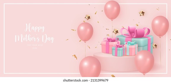 Happy mother's day cute 3D pink ballon gift box golden star ribbon