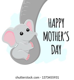 Happy mother's day cute background with baby elephant on mom's trunk