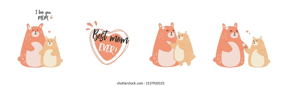 Happy Mother's Day cute bears cartoon character collection flat vector illustration isolated on white background. Happy family with mother and daughter with calligraphy, heart and floral decoration.