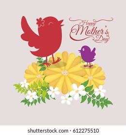 happy mothers day - cute birds and flowers card