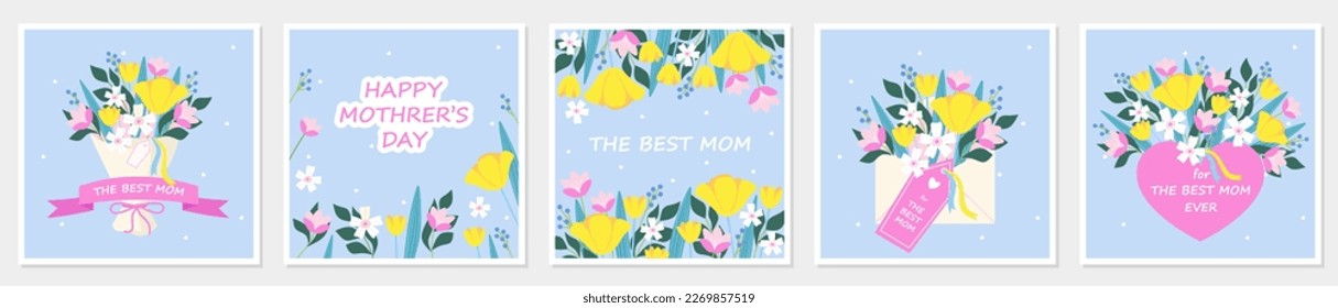 Happy Mother's Day. Cute cards and posters template for the spring holiday. Vector illustration of a bouquet of flowers, flowers, envelop, heart.