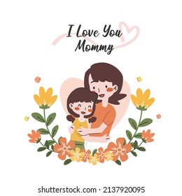Happy Mother's Day cute cartoon flat vector illustration isolated on white background. Happy family with mother and daughter with calligraphy, heart and floral decoration.