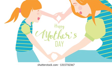 Happy mother's day! Cute Child daughter congratulates mom dancing, playing, laughing, and showing heart shape symbol. Colorful vector illustration flat design style. Flat cartoon style. - vector