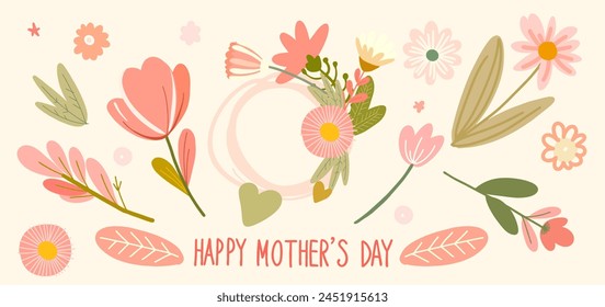 Happy Mother's Day - cute composition of cartoon flat elements in vintage color scheme. For banners, posters, cards, labels, stickers, advertising. Spring digital illustration.